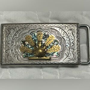 Vintage Sterling silver, brass, albacore inlay peacock belt buckle